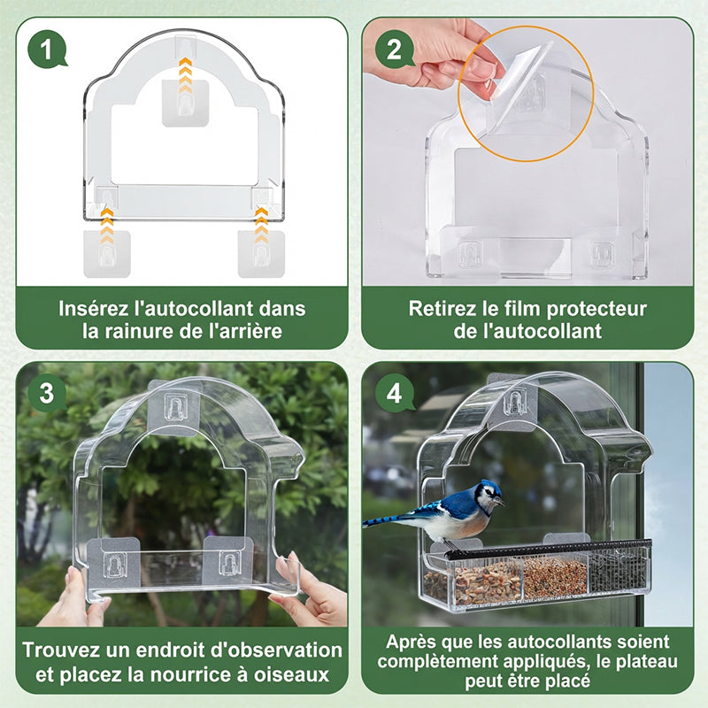 Blinkit Mangeoire en acrylique avec ventouse pour fenêtre, Design transparent, 6 ventouses solides, Gouttières élargies imperméables, Observation des oiseaux à la fenêtre, Noir/Blanc/Gris