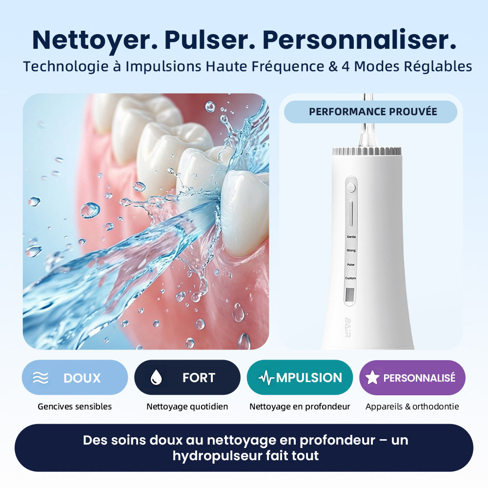 BAIR CARE M11 Hydropulseur dentaire avec assainissement UV (99,9 % d’élimination des bactéries), Très grand réservoir 360 ml, Rangement des buses, Rechargeable USB-C