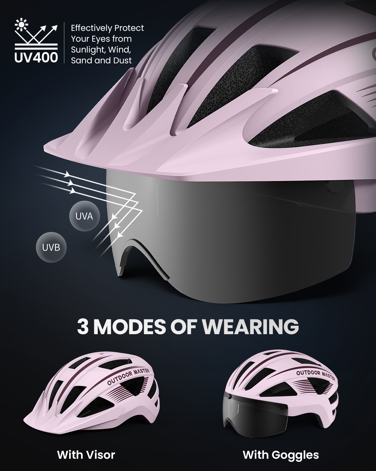 OutdoorMaster Casque de vélo RhinoUrban avec lunettes et éclairage Rose L 58-61 cm