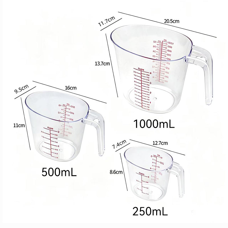 JORDAN&JUDY Lot de 3 verres doseurs transparents, gradués pour la pâtisserie, 250 ml*1 + 500 ml*1 + 1000 ml*1