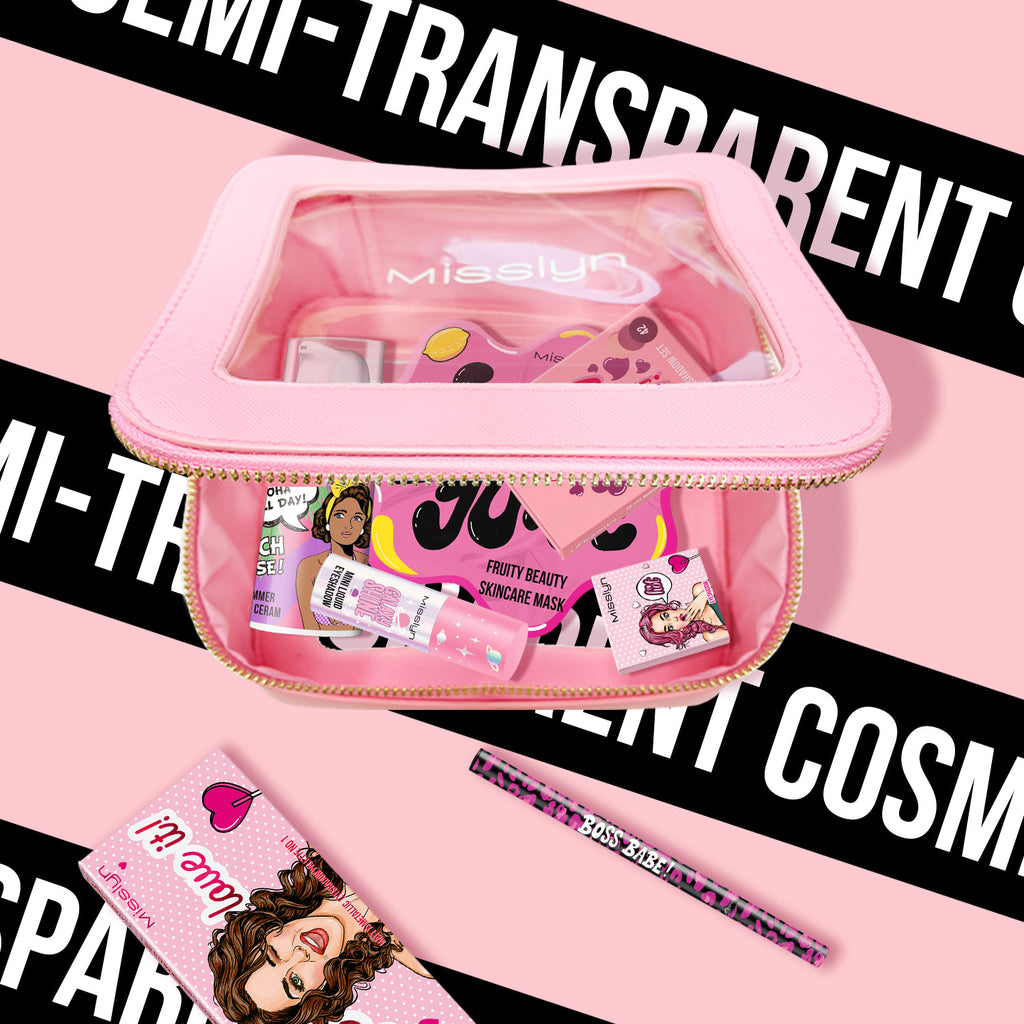 Misslyn Trousse de maquillage semi-transparente imperméable, format quart, voyage, pliable pour déplacements quotidiens, transparente, grande capacité, facile à nettoyer, multifonction