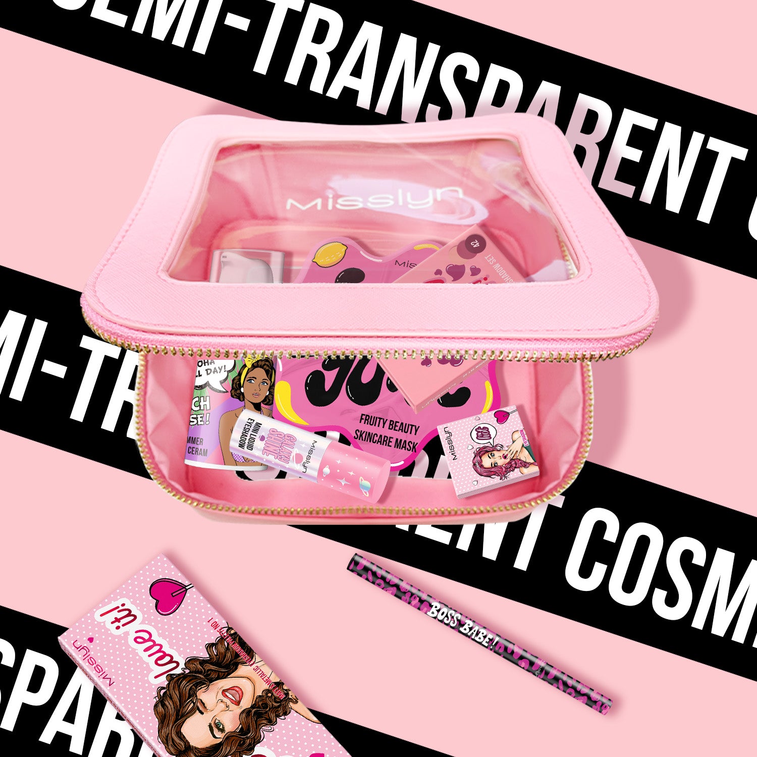 Misslyn Trousse de maquillage semi-transparente imperméable, format quart, voyage, pliable pour déplacements quotidiens, transparente, grande capacité, facile à nettoyer, multifonction