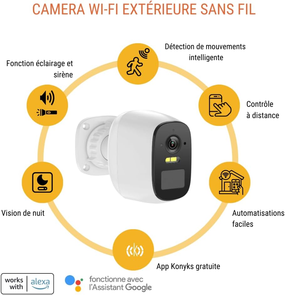 Konyks Camini Air SE Caméra de Surveillance d'extérieur sans fil, Wi-Fi, IP65, batterie 5200 mAh, Blanc