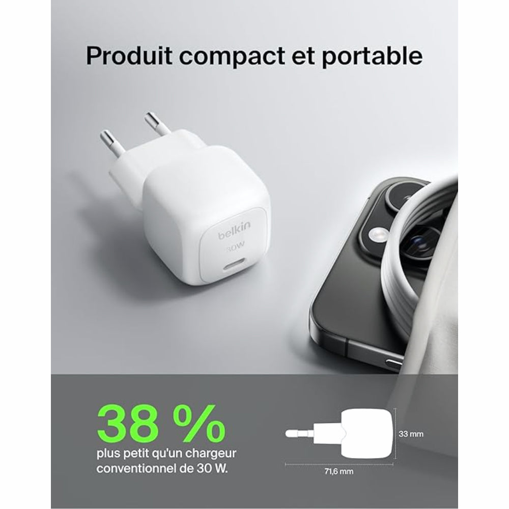 Belkin BoostCharge Chargeur secteur 30 W avec câble USB-C vers Lightning - Blanc