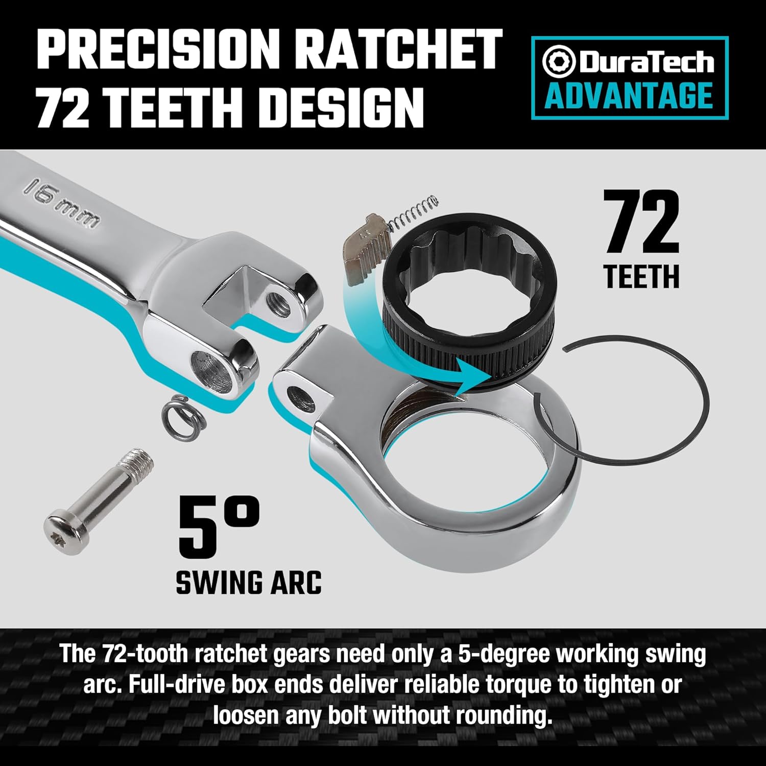 DURATECH Jeu de 12 clés à cliquet à tête flexible, 8-19 mm, Acier Cr-V | Design à tête flexible à 180°, Cliquet à 72 dents, Acier chrome-vanadium, Bout fermé à 12 points
