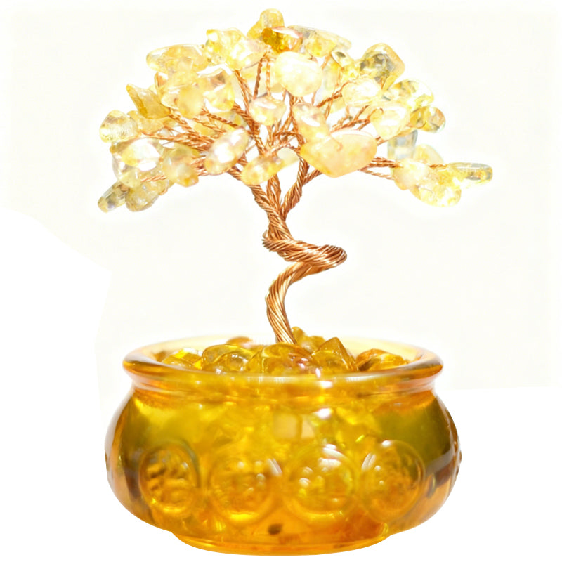 Ju7cer 1 pc arbre en citrine avec bol à trésor et tasse - Décoration d'arbre à argent en éclats de cristal naturel, convient pour bureau, maison et décoration de mariage, incontournable de Noël