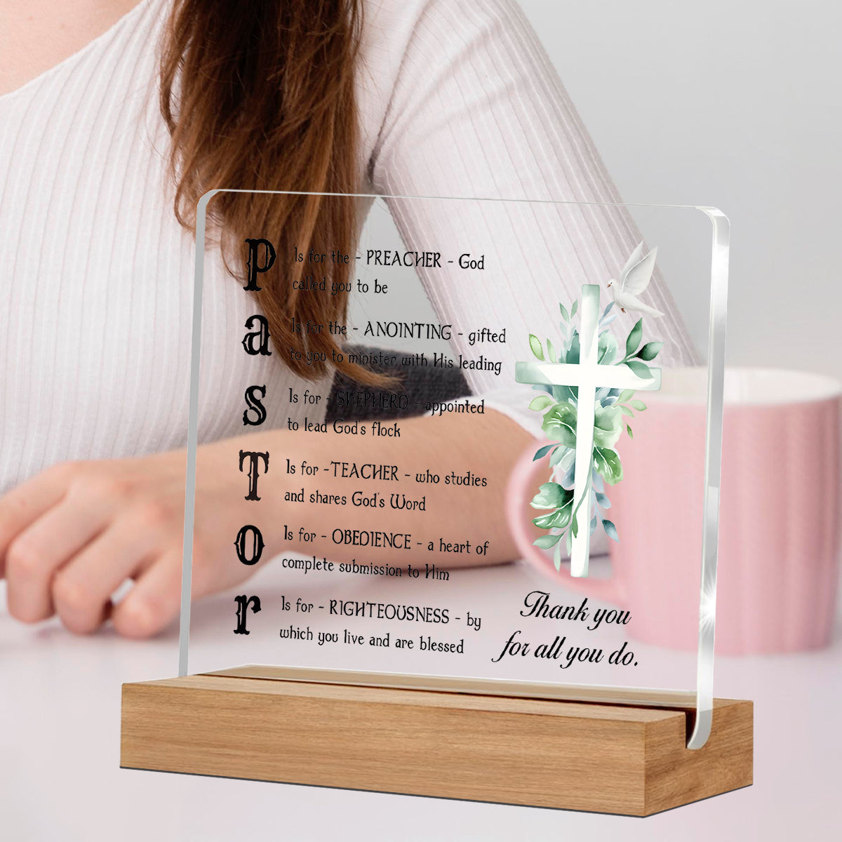 Alphynix 1 pc plaque de leadership spirituel, décomposition de l'acronyme "PASTOR" sur acrylique transparent avec base en bois