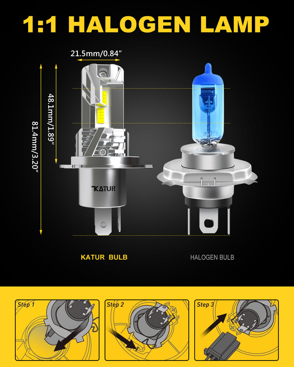 KATUR Ampoules LED de phare H4, 26 000 lm, 80 W par paire, H4 9003 HB2, hautes/ basses intensités, 6000 K blanc, sans ventilateur, étanches, format mini, plug & play, lot de 2