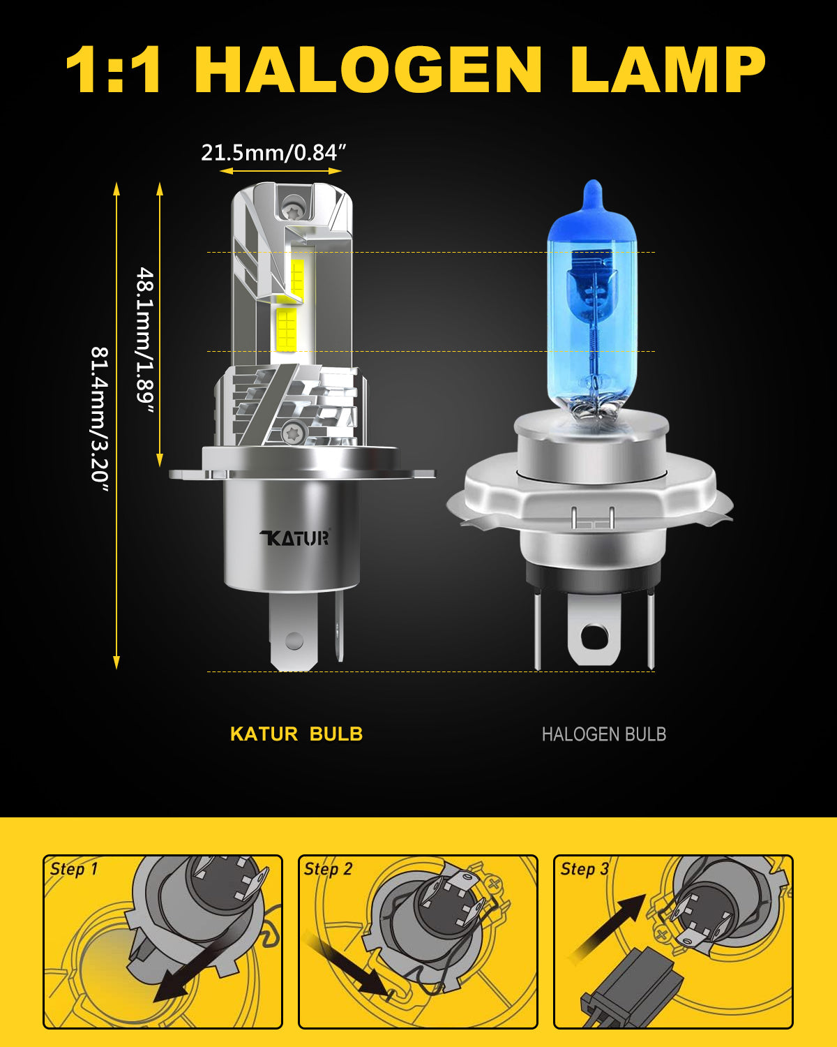 KATUR Ampoules LED de phare H4, 26 000 lm, 80 W par paire, H4 9003 HB2, hautes/ basses intensités, 6000 K blanc, sans ventilateur, étanches, format mini, plug & play, lot de 2
