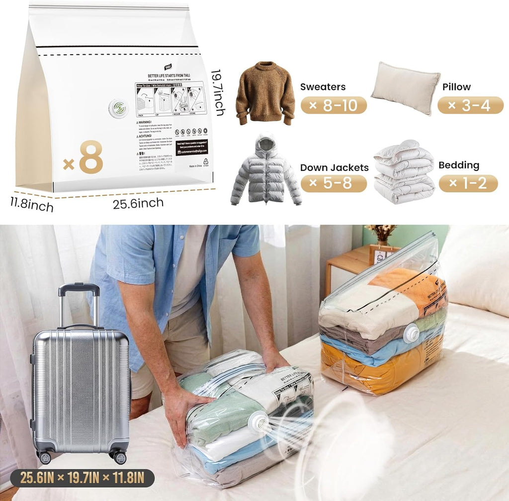 Taili Lot de 8 Sacs de rangement sous vide cubiques, Taille moyenne (63,5 x 48,3 x 27,9 cm), pour vêtements, couettes, couvertures, vêtements de bébé et accessoires de voyage