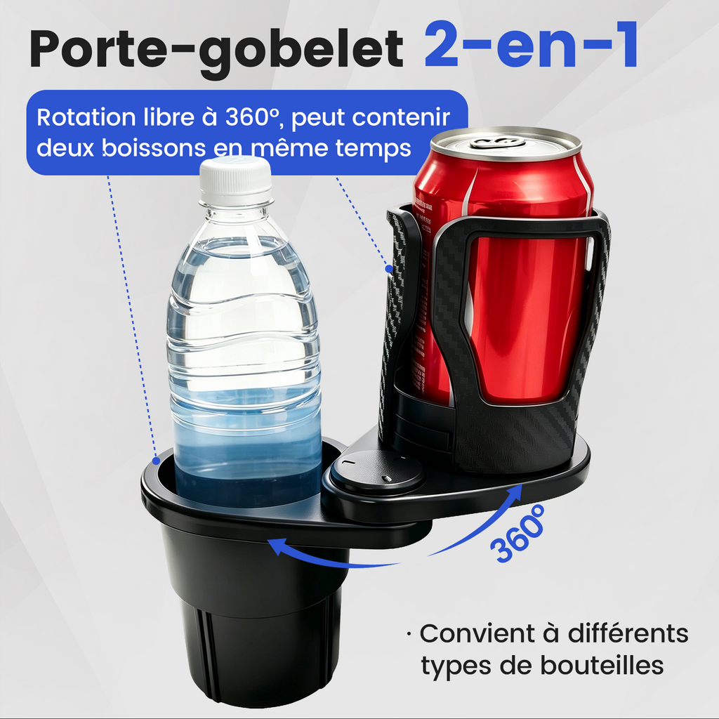 Porte-gobelet voiture 2-en-1, support de boisson pivotant à 360° avec base réglable, antidérapant et stable en ABS, adapté aux bouteilles, tasses à café et canettes, noir