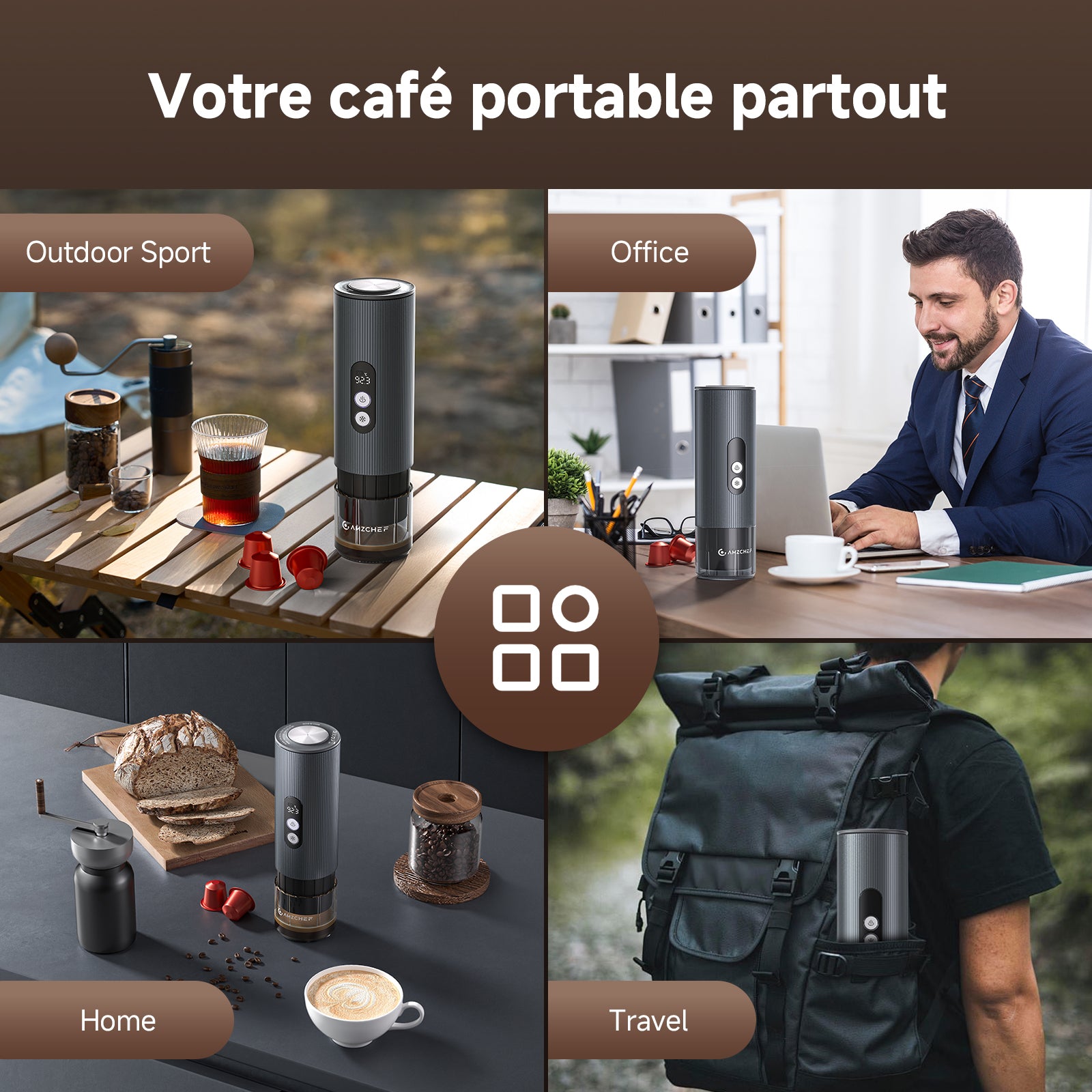 AMZCHEF Machine à Café Électrique Portable 2-en-1 (Modèle CP024) | Machine à Espresso de Voyage Haute Pression 20 Bars | Batterie 9000mAh, Chauffe Rapide 150W