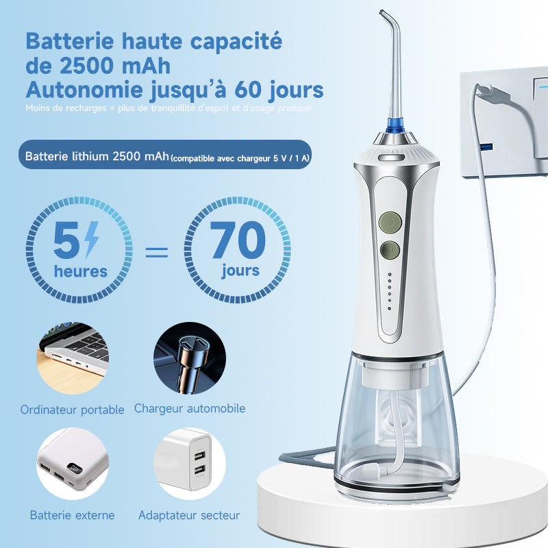 H2ofloss HF-2 Brosse à dents électrique, avec 5 modes, 5 embouts, rechargeable par USB, étanchéité IPX7 et un réservoir d'eau de 300 ml, disponible en blanc