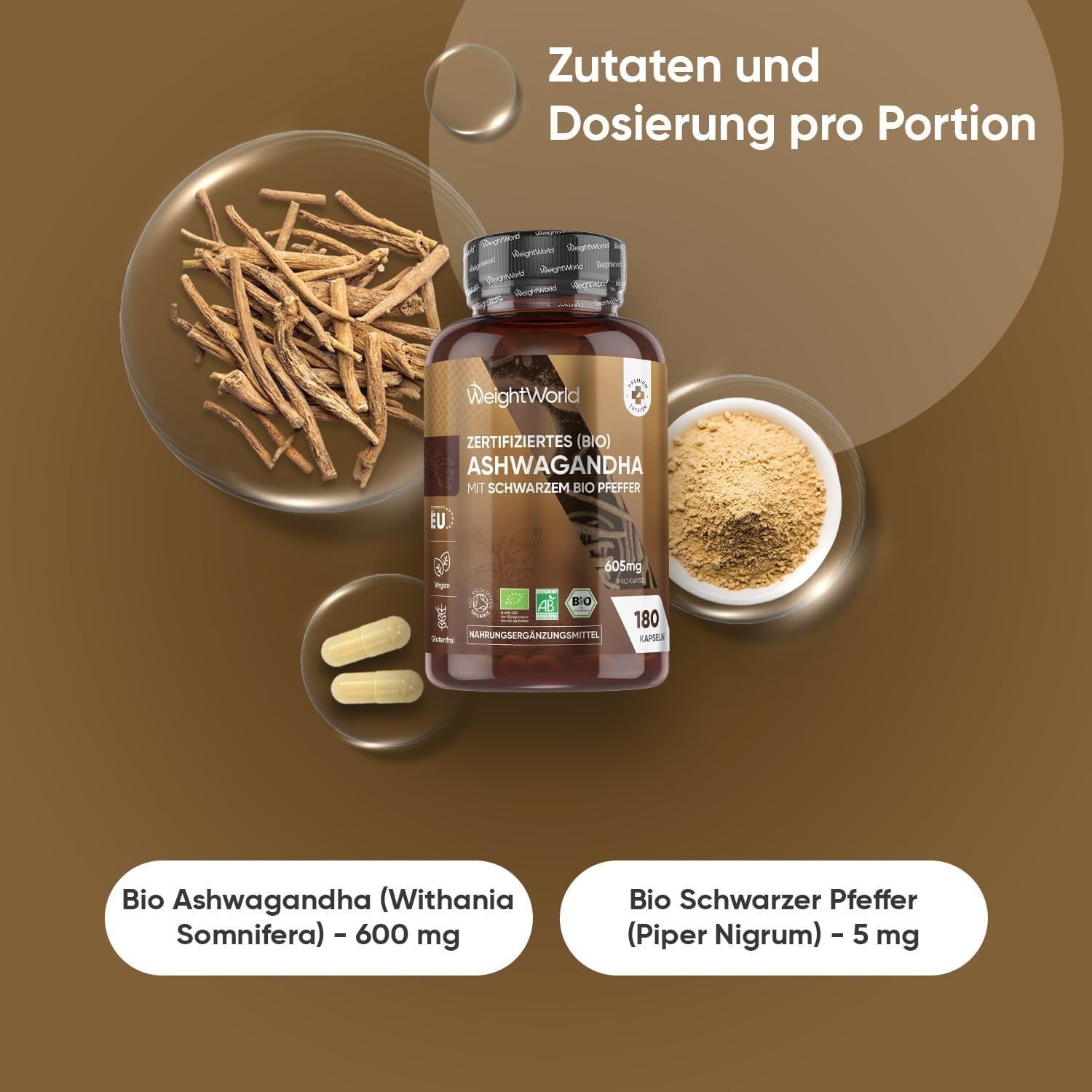 WeightWorld Ashwagandha biologique avec poivre noir 605 mg 180 gélules