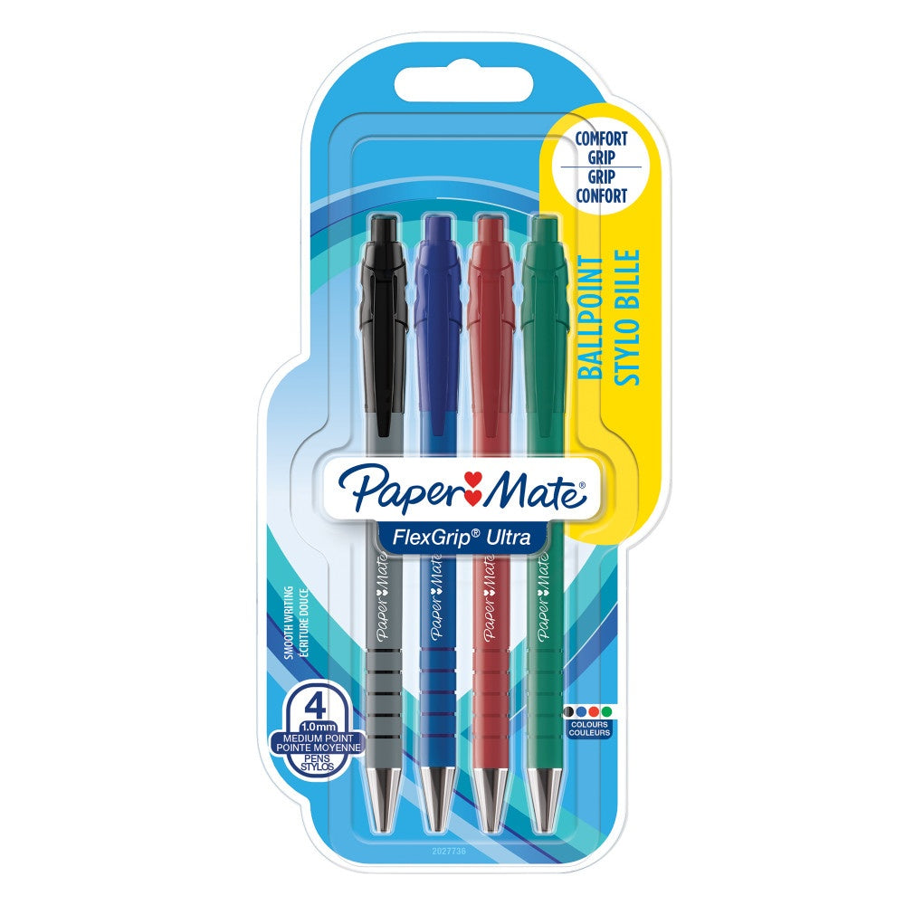 Paper Mate Flexgrip Ultra stylo bille rétractable | pointe moyenne (1,0 mm) | couleurs assorties | lot de 4