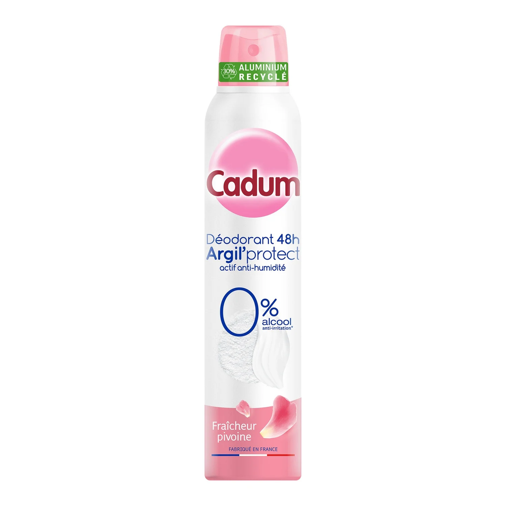 CADUM Déodorant aérosol spray pour femme Pivoine 48 h Argil’Protect, sans alcool, 200 ml