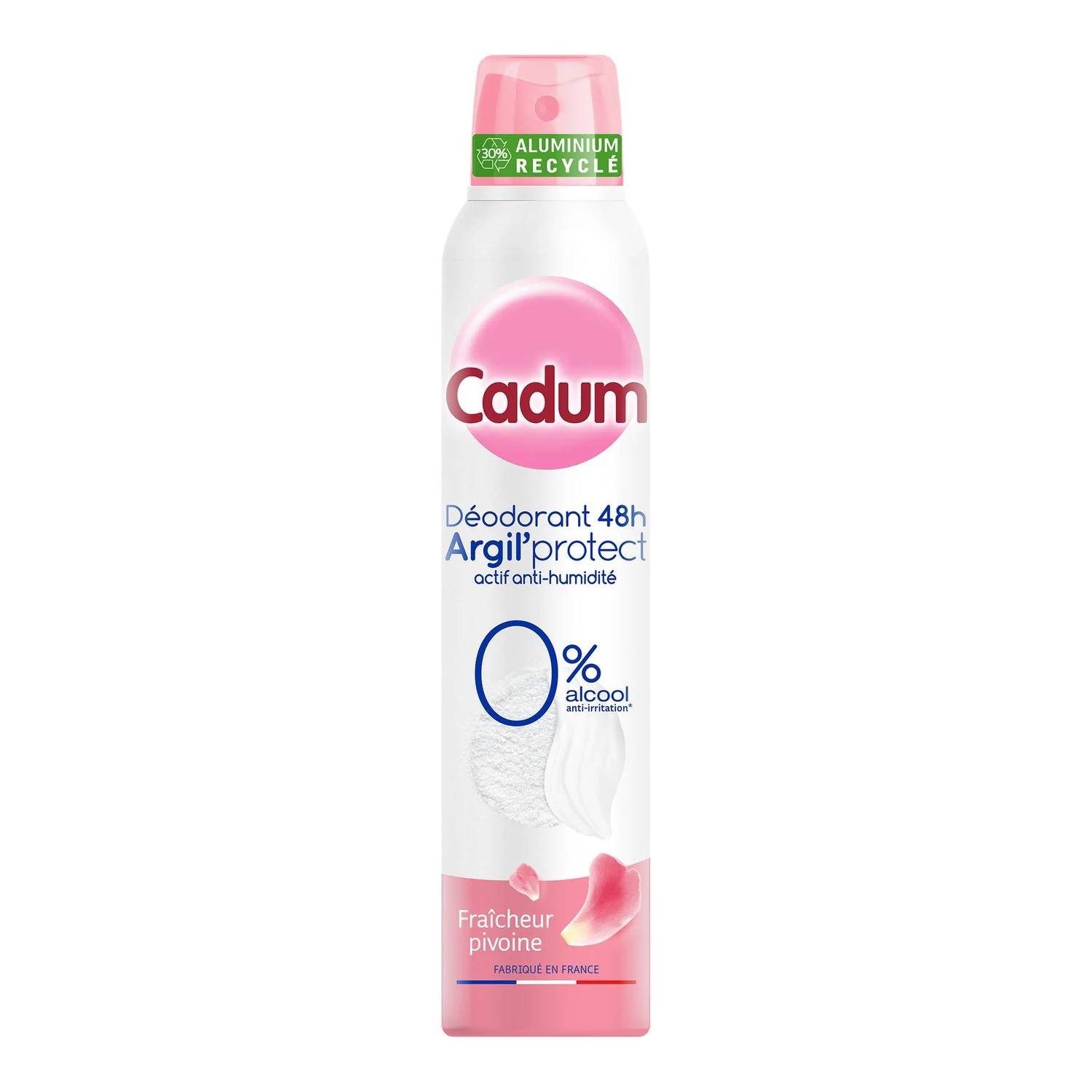 CADUM Déodorant aérosol spray pour femme Pivoine 48 h Argil’Protect, sans alcool, 200 ml