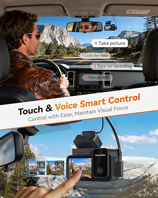 WOLFBOX Caméra embarquée voiture 3 canaux, caméra avant 4K + intérieure 1080P + arrière 2,5K, Wi-Fi 5,8 GHz et GPS, écran tactile, commande vocale