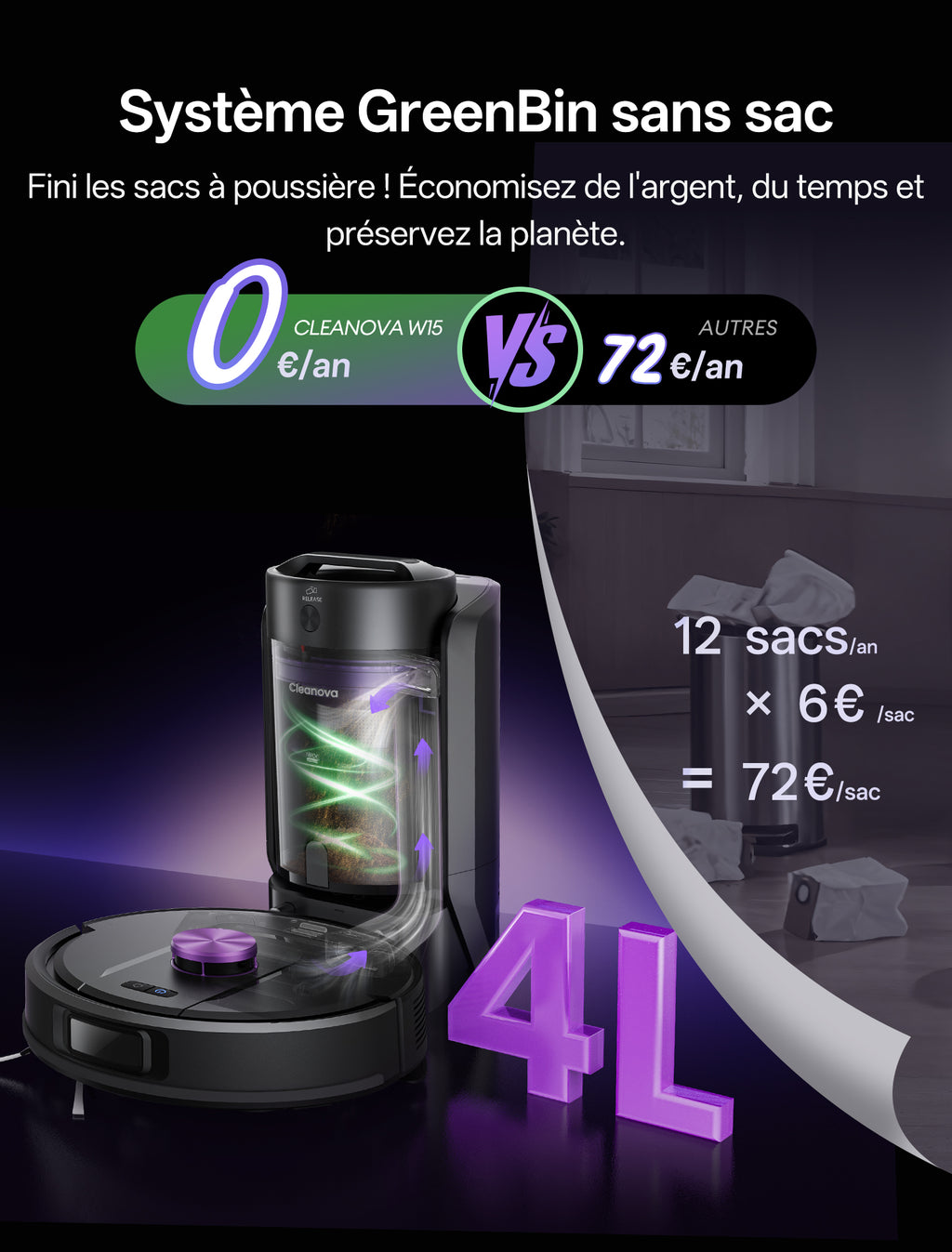 Robot aspirateur et laveur Vactidy W15 avec station de vidage automatique innovante sans sac, respectueux de l'environnement, économique en consommables, navigation LiDAR