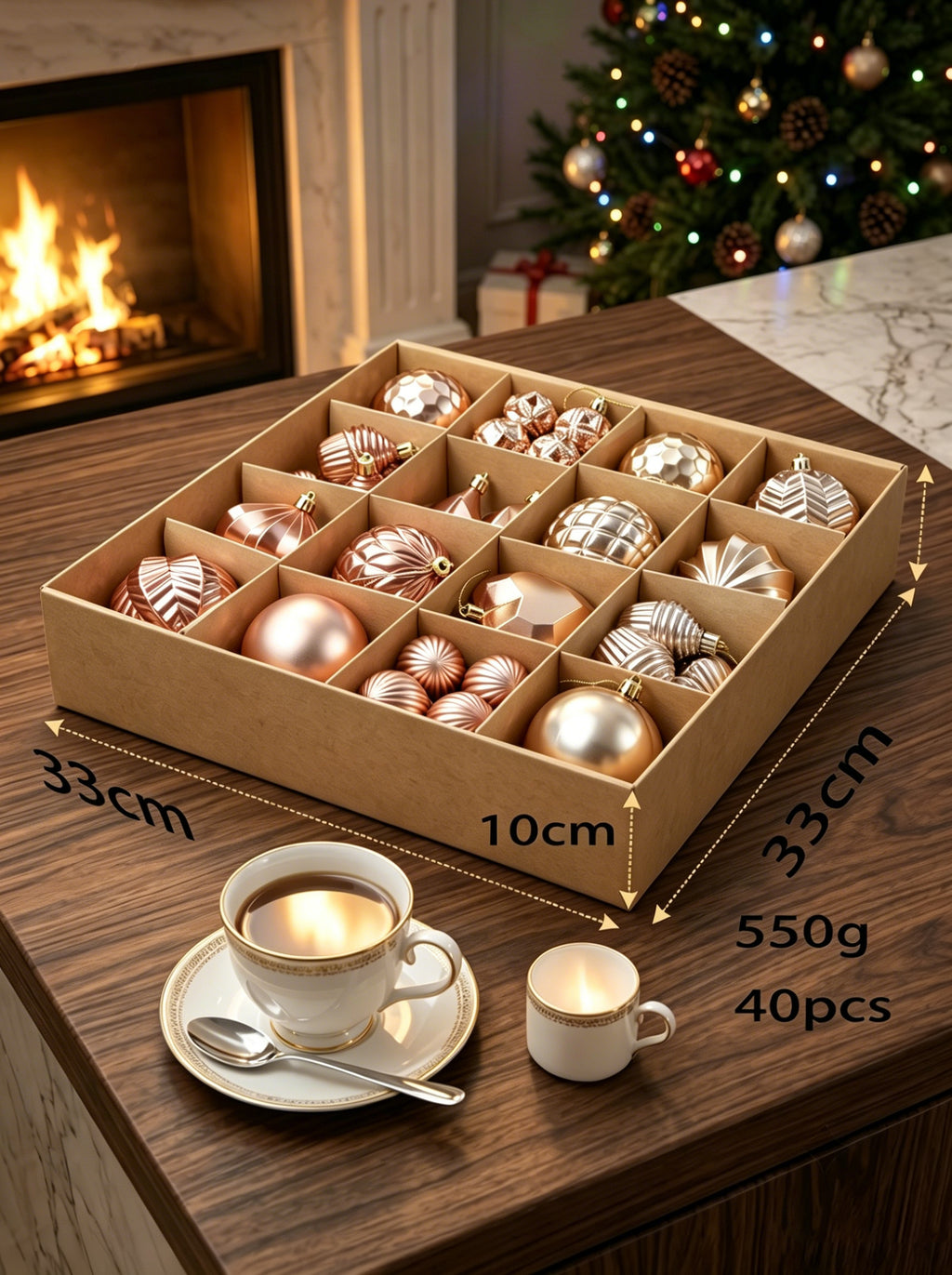 Ju7cer Lot de 40 boules de Noël, pour décoration de sapin et de fêtes, couleur champagne