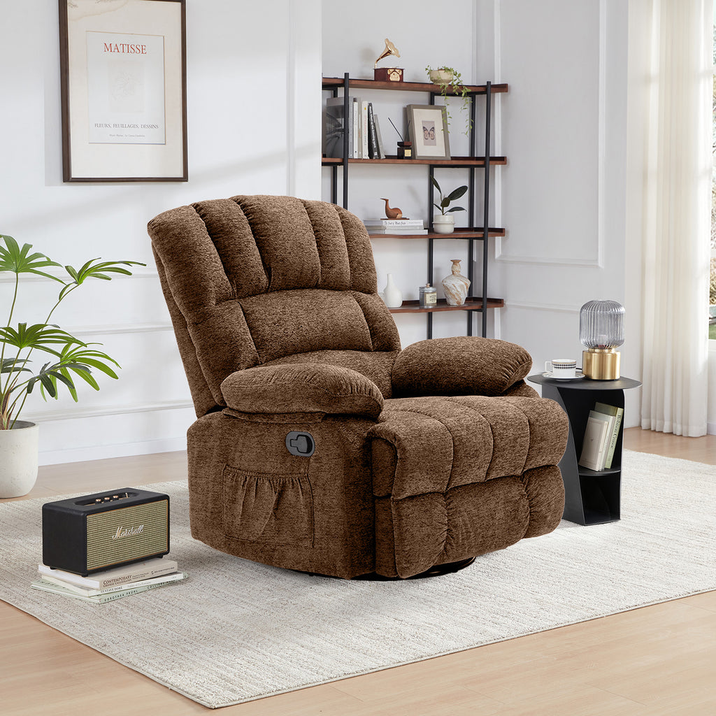 HONEYOU Fauteuil relax pivotant surdimensionné avec cadre OKIN, fauteuil à bascule coulissant 360°, fauteuil relax manuel très rembourré pour salon et chambre, Marron