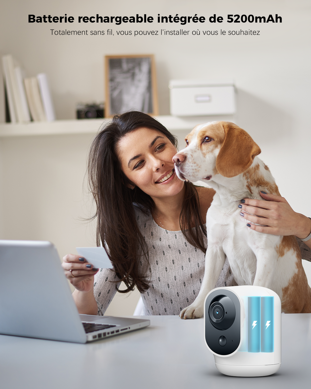 COCOCAM Caméra de sécurité intérieure 2K Wi-Fi panoramique et inclinable avec batterie 5200 mAh sans fil, reconnaissance IA, détection humaine PIR, compatible Alexa, 2,4 GHz