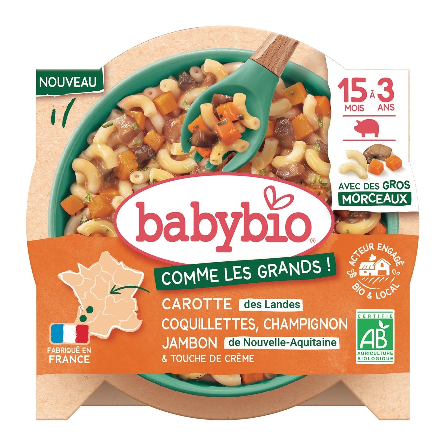 BABYBIO Assortiment de Coquillettes aux Champignons, Jambon et Carottes, 15 Mois Bio, 200 g