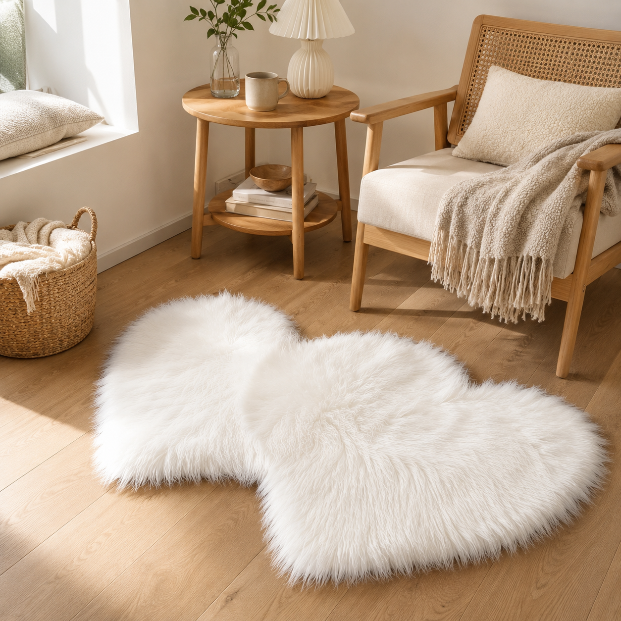 Tapis en Fausse Laine Double Cœur, 60x120 cm Tapis de Couloir Shaggy en Peluche Blanc, Tapis Doux Antidérapant pour Chambre, Décoration de Saint-Valentin, Mariage