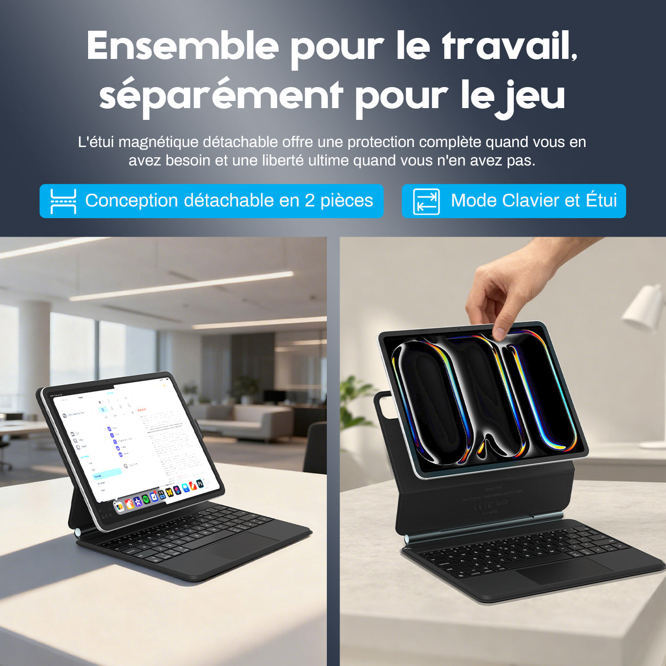 Rexsun Étui Clavier Pour Tablette Design Flottant Magnétique, Housse De Protection Détachable, Pavé Tactile De Précision Pour iPad Pro 11"/Air 10,9"/11", Modèle P11-1 Noir