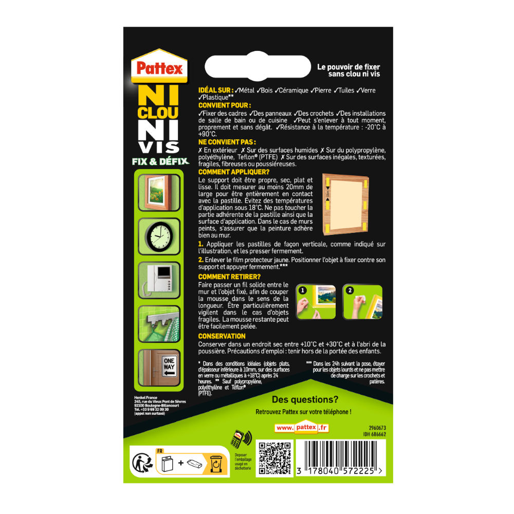Henkel Pattex – Ni Clou Ni Vis Fix & Défix (10 pastilles de 20 x 40 mm) – Adhésif de fixation surpuissant facilement démontable – Adhésif double face pour toutes surfaces et objets