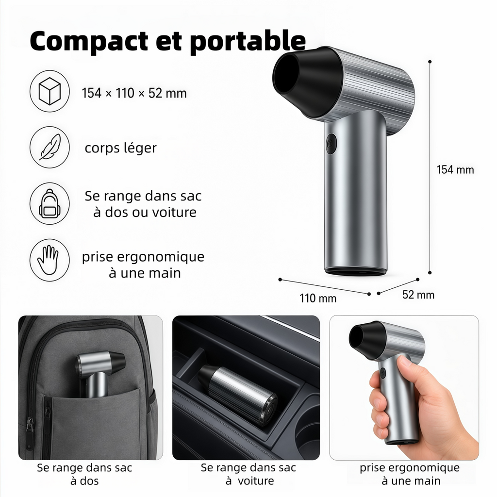 JUFIX X7 Dépoussiéreur à air comprimé - Ventilateur turbo 90000 RPM | Charge rapide 20 W, Batterie rechargeable, 3 vitesses réglables
