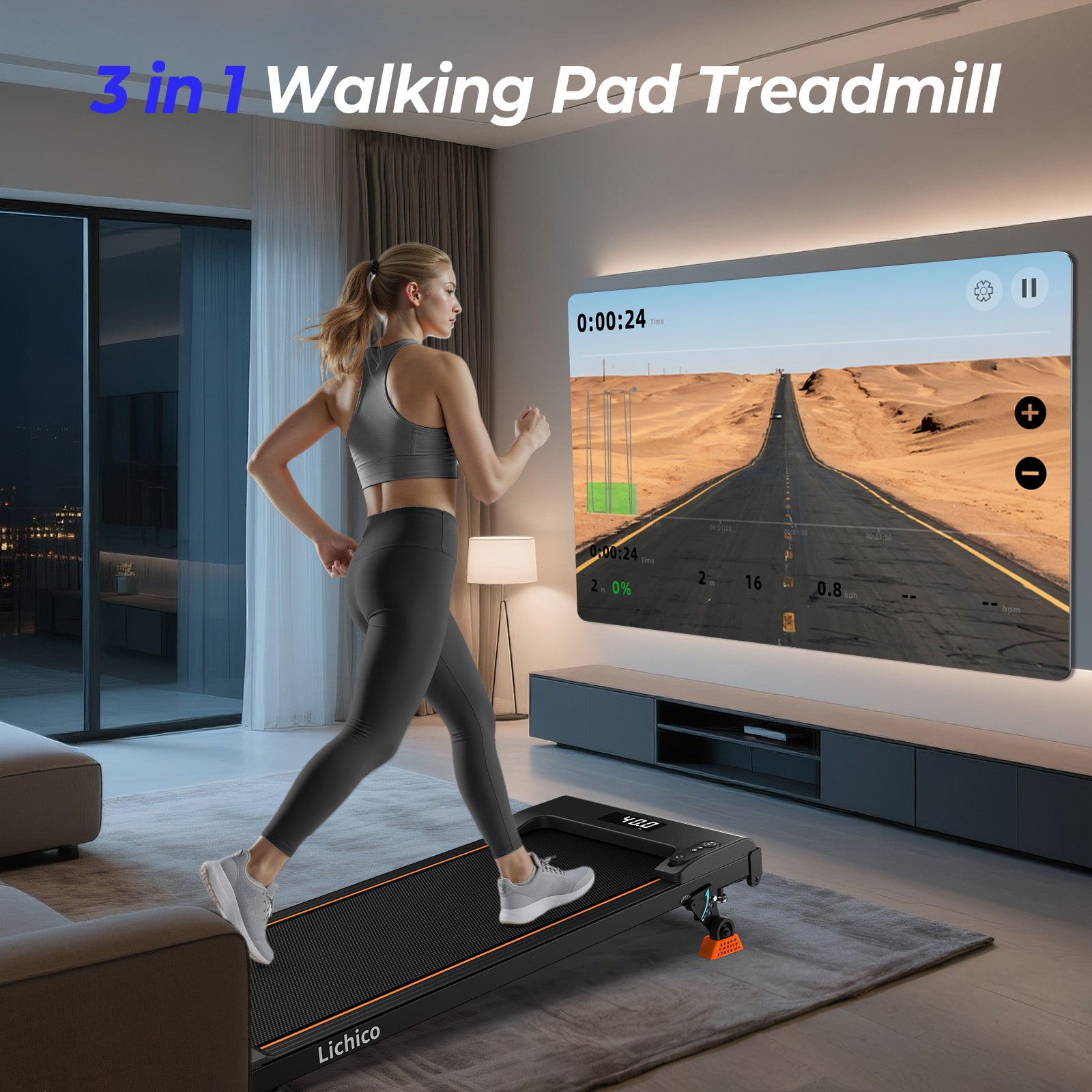 Appareil de fitness lichico, tapis de marche et de course domestique silencieux pliable avec pente de 9%, grande capacité de charge de 130 kg, réglage de la vitesse par télécommande