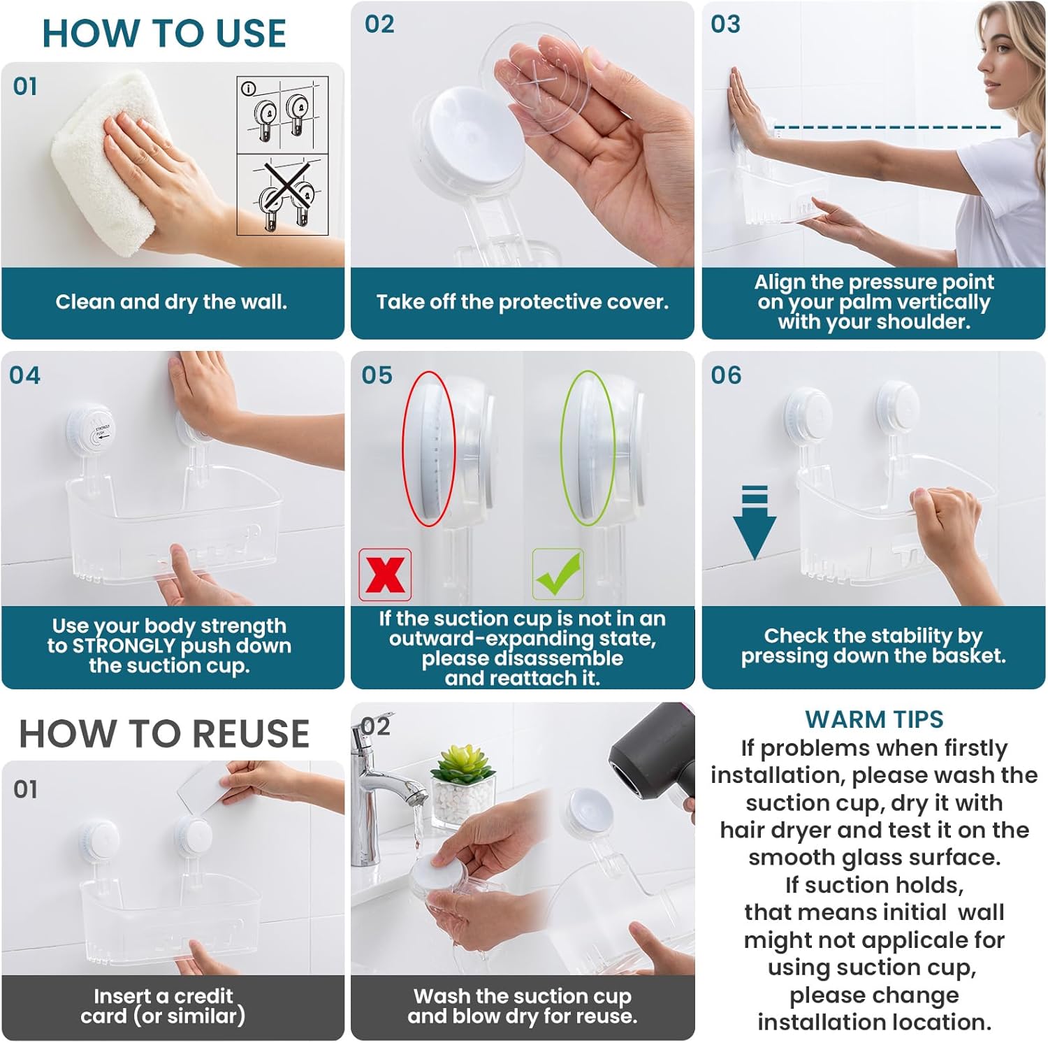 Taili Panier de douche à ventouse, organiseur de salle de bain robuste, étagères amovibles pour intérieur de douche, shampooing