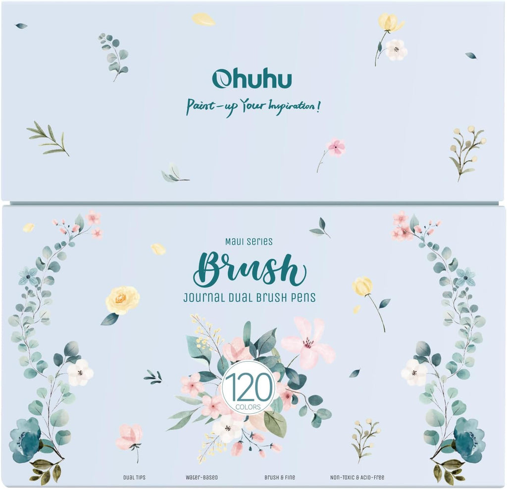 Ohuhu Série Maui - Marqueurs de peinture double embout, 120 marqueurs artistiques pour coloriage, dessin et calligraphie, avec étui de rangement blanc