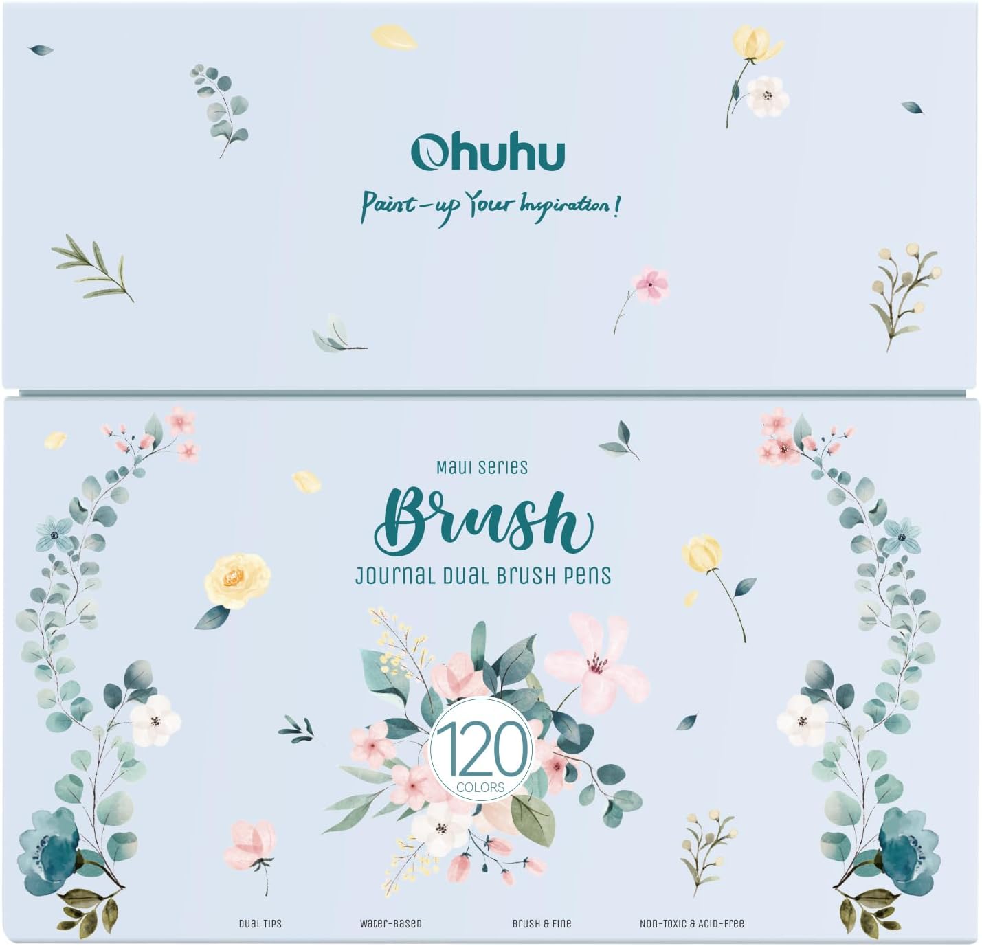 Ohuhu Série Maui - Marqueurs de peinture double embout, 120 marqueurs artistiques pour coloriage, dessin et calligraphie, avec étui de rangement blanc