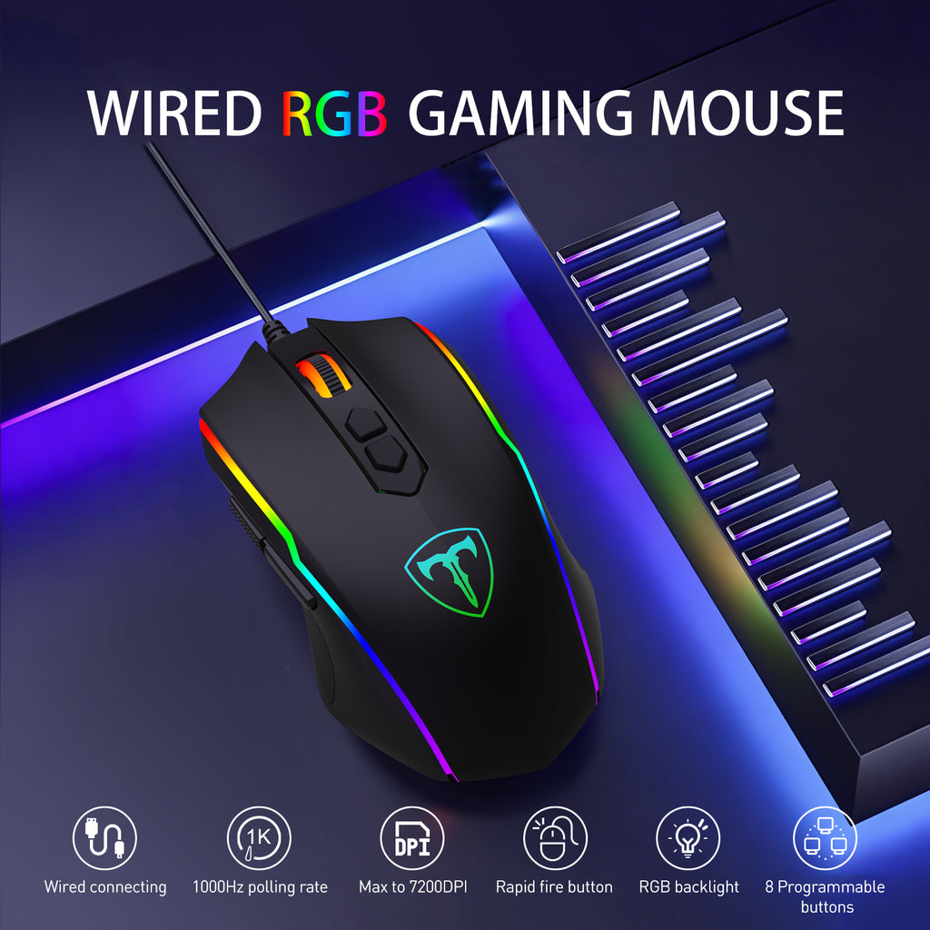ET Souris de jeu filaire USB haute performance avec 7200 PPP réglables, RVB, 8 boutons programmables, ergonomique, PC/Mac – Noir