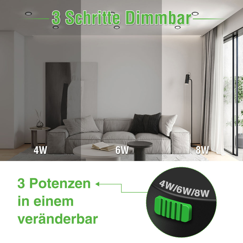ALIPODLAX Spot encastré LED à intensité variable, Noir mat, 68 mm, Multipuissance, 3 températures de couleur (Chaud, Neutre, Blanc froid), IP44, pour salle de bain