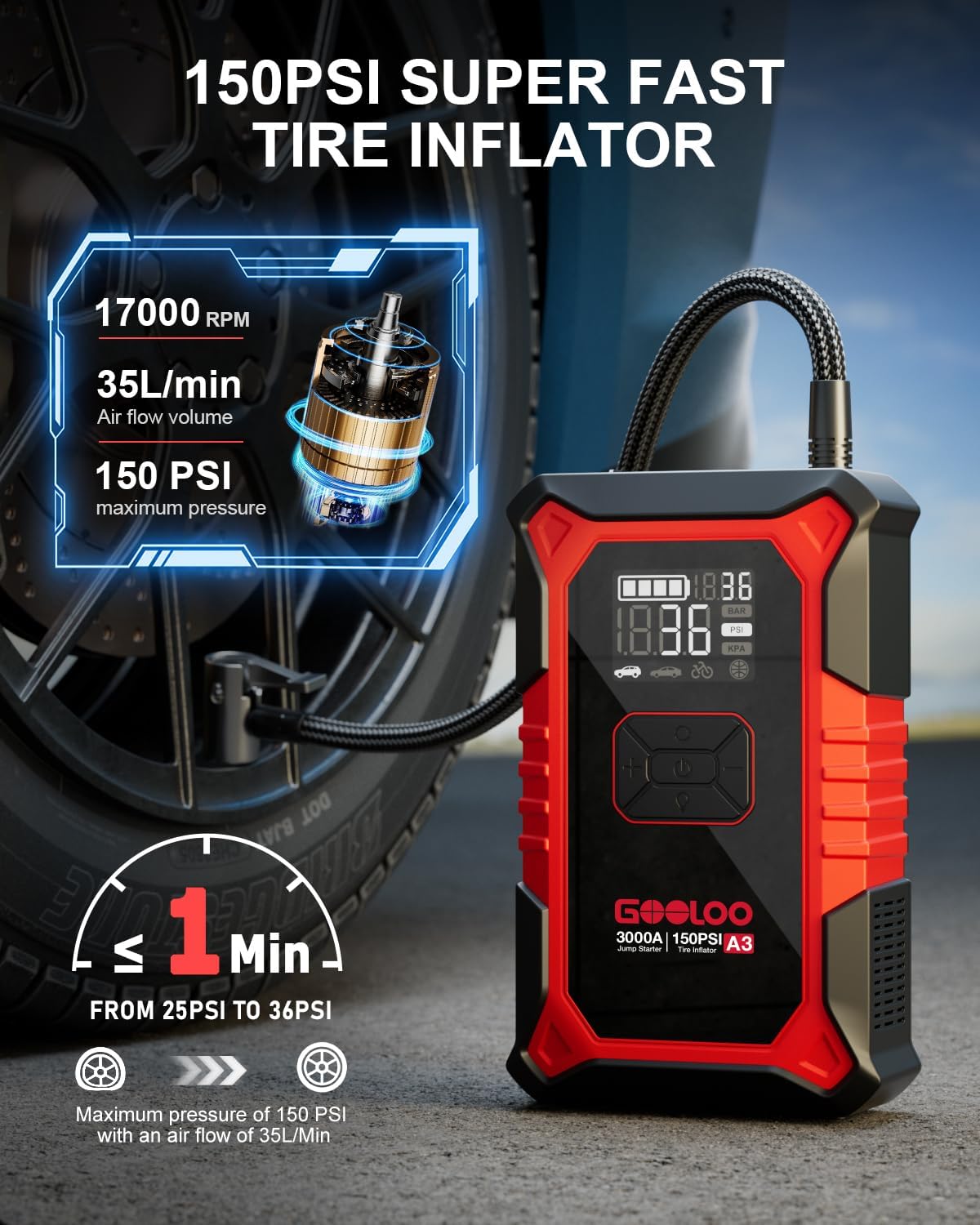 (GOOLOO10) Démarreur de voiture GOOLOO A3 avec batterie externe et compresseur, batterie externe de démarreur de secours 3000 A 150 PSI pour véhicules 12 V (jusqu'à 9,0 L d'essence /