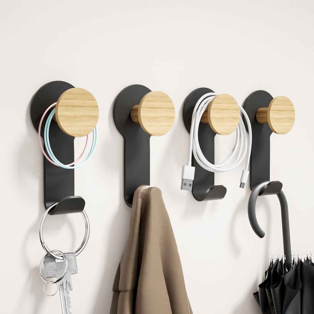 kapanou Lot de 8 patères doubles murales, en bois d'hévéa marron vintage avec support métallique noir robuste pour vestes, serviettes ou chapeaux
