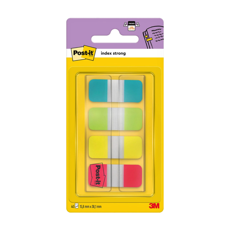 Post It Onglets d’indexation résistants pour classeurs, Petit format, Jaune, Rouge, Bleu et Vert, 15,8 mm x 38,1 mm, 40 onglets/distributeur, 1 distributeur/boîte