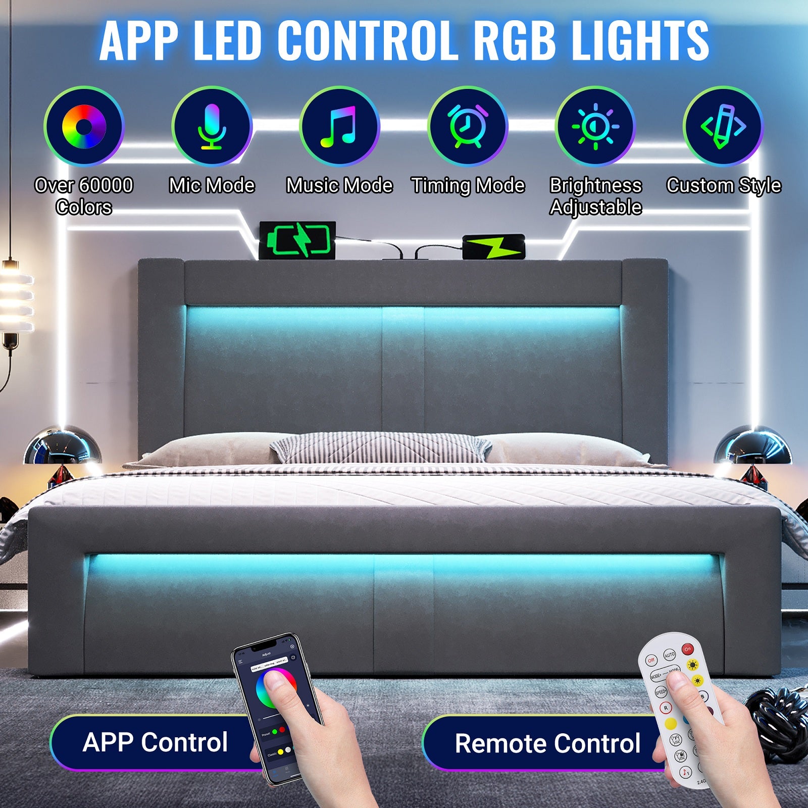 URBAN MEUBLE Lit double 140x200 cm en velours avec rangement, mécanisme de levage hydraulique, éclairage LED, ports USB et Type-C, tête de lit incurvée, gris, sans matelas
