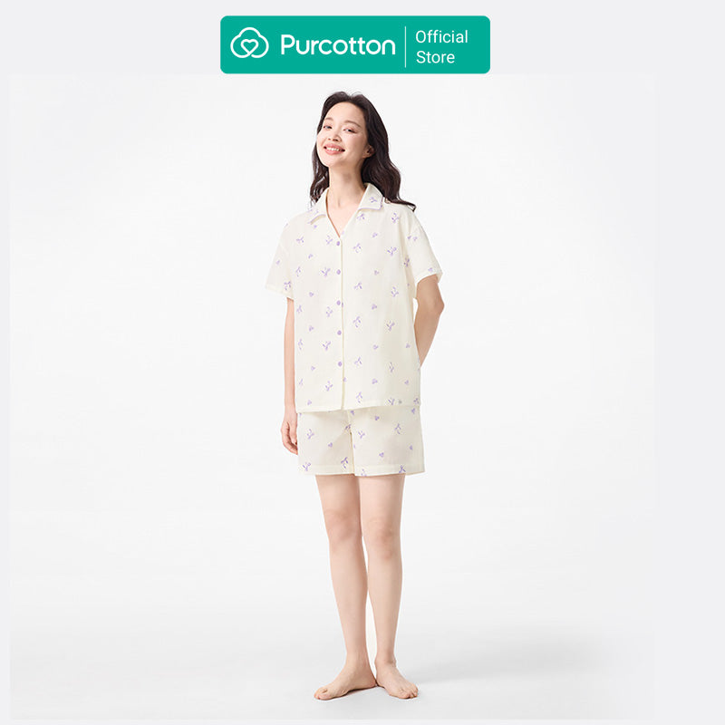 Purcotton Ensemble de loungewear en gaze double couche pour femme - Base blanc cassé avec imprimé nœud violet - Style confortable, agréable pour la peau, reposant et décontracté