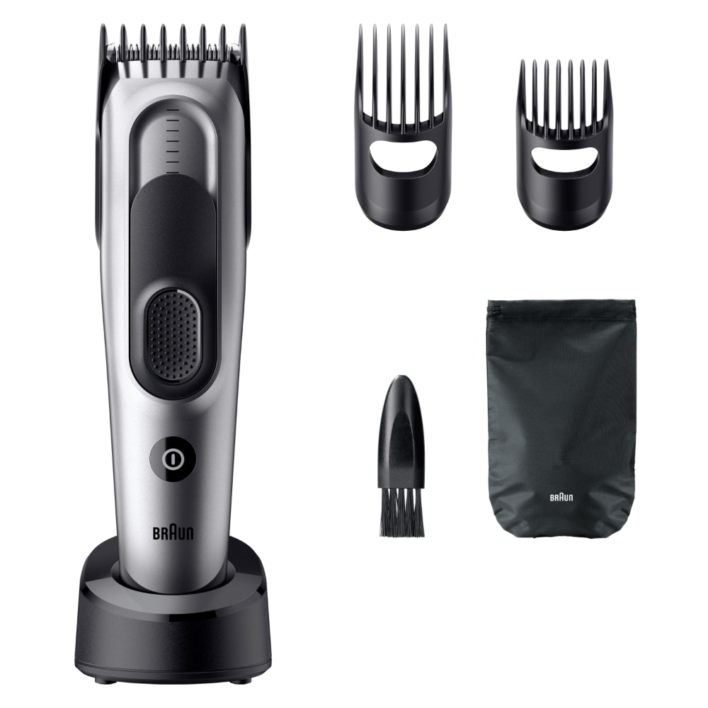 Braun Tondeuse à cheveux électrique Série 7, + 5 accessoires de coiffure, lames à tranchant permanent, 17 réglages de longueur, HC7590, Gris