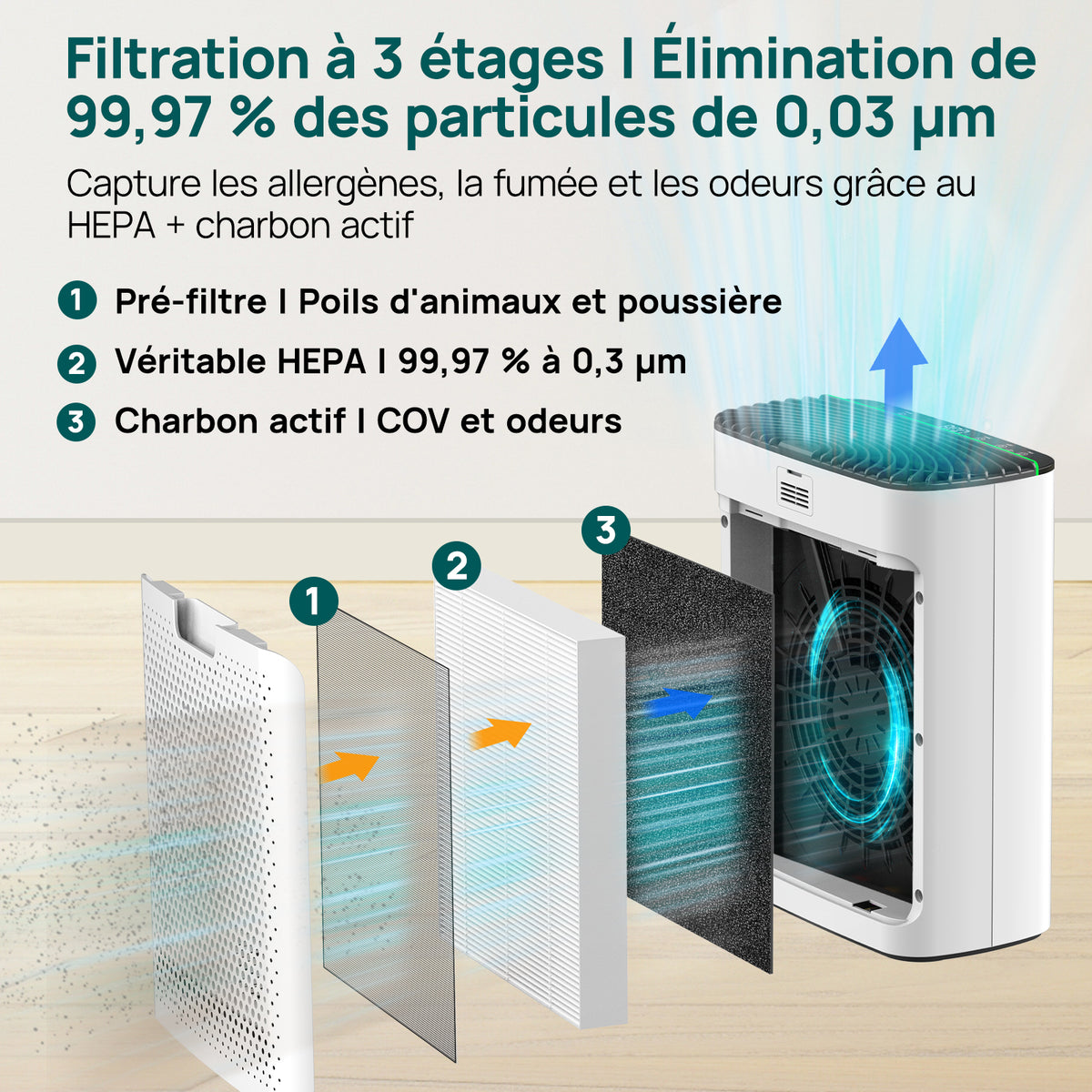 JAFANDA Purificateur d'air maison, Jusqu'à 1226 ft², Filtre True HEPA avec Affichage PM2.5, Mode sommeil 20 dB, Élimine Poils d'animaux, Odeurs, Poussière, Fumée, Pollen et Allergènes