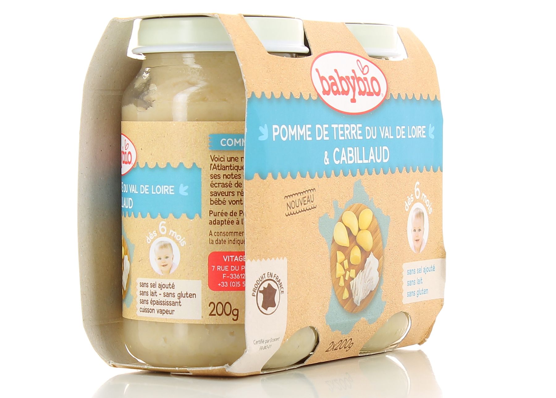 BABYBIO Plat bébé dès 6 mois - Pomme de terre Tomate Cabillaud sauvage Babynat - 2X200G