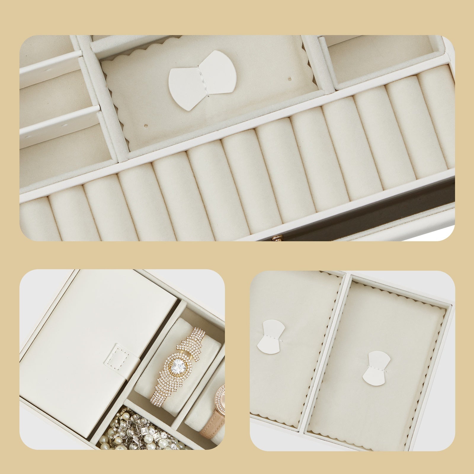 JOYFURNOS Boîte à bijoux 3 niveaux, Organisateur de bijoux avec 2 tiroirs, Étui à bijoux avec étui de voyage portable, Avec poignée, Verrouillable, Idée cadeau, Housse en PU blanc nuage, Doublure blanche crème