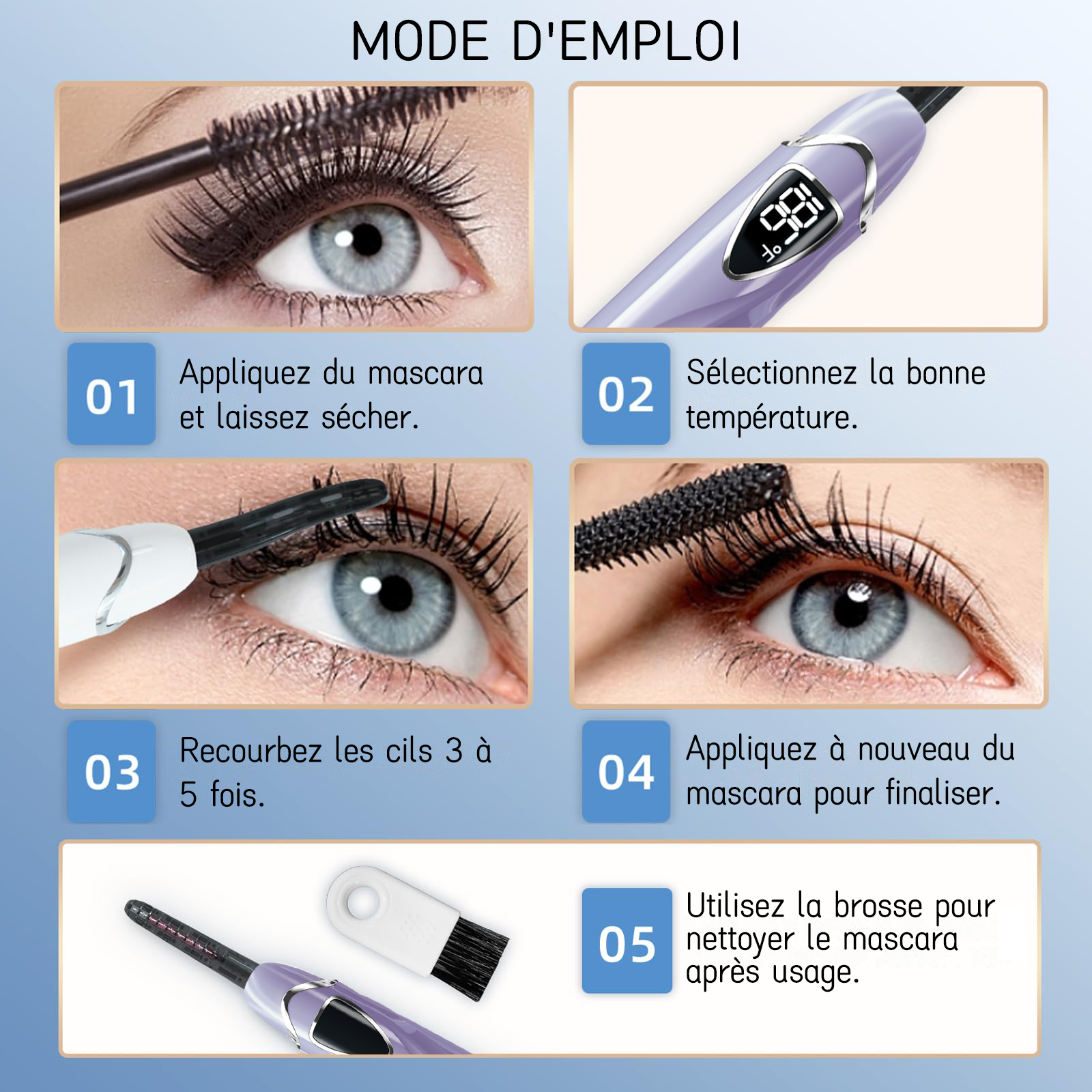 SUNLUXY S600 Recourbe-cils électrique pour courbure naturelle longue tenue, avec affichage LED de la température et de la batterie, arrêt automatique de sécurité - Violet
