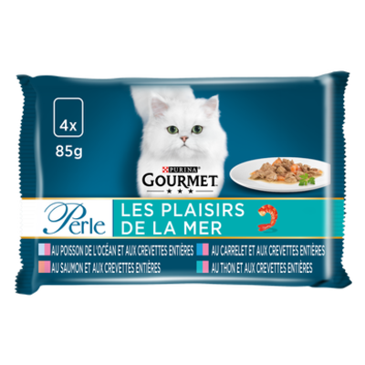 Gourmet Pearl Pleasure Aliment pour chat au poisson, assortiment avec crevettes - 4 x 85 g