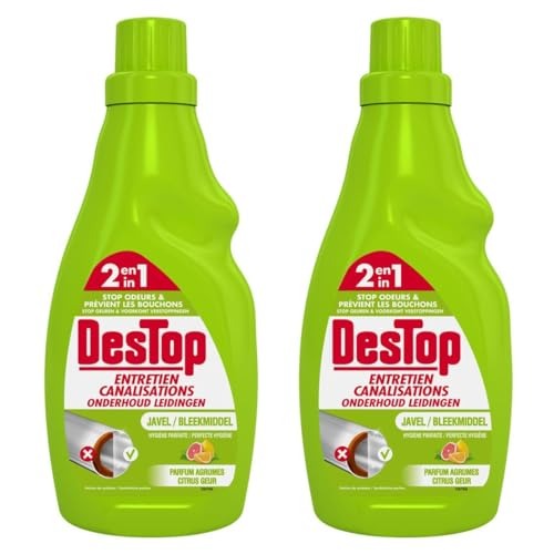 Destop 2-en-1 Gel d'Entretien Canalisations Javel, 4 Actions, Fraîcheur Agrumes, 750 ml