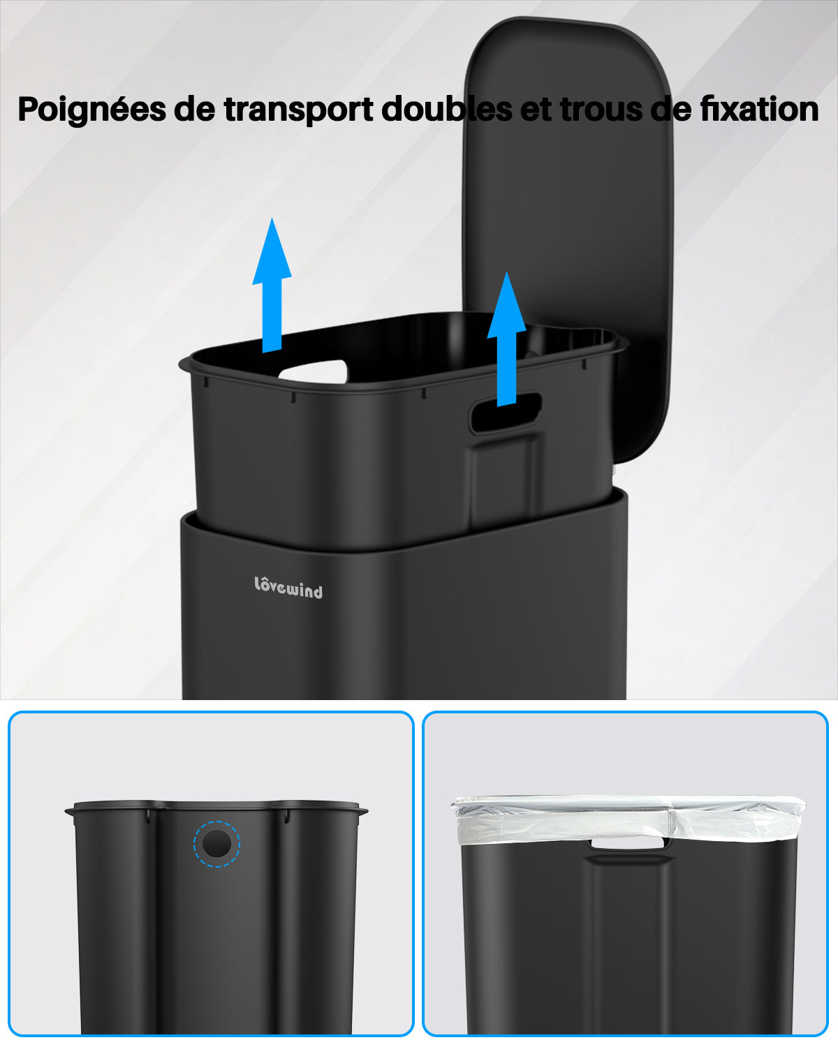 Lovewind Poubelle de cuisine 30 L, Poubelle étroite en acier inoxydable noir pour cuisine, Poubelle à pédale noire avec couvercle à fermeture douce, Seau intérieur amovible
